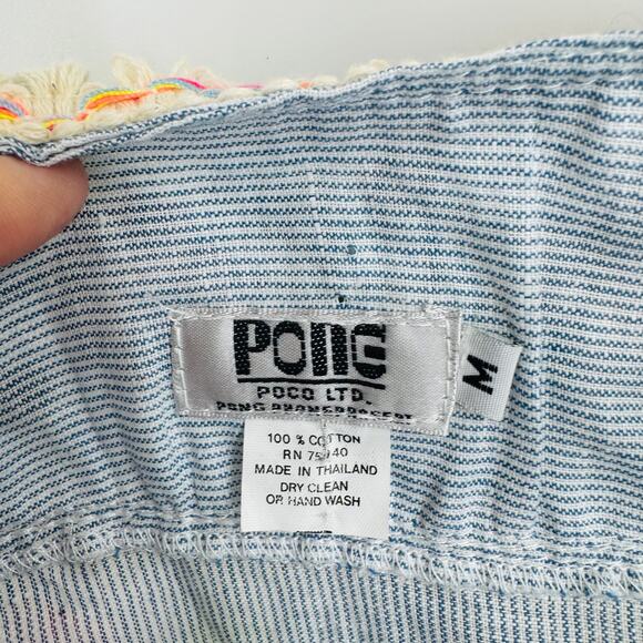 PONG 100% Cotton Embroidered Tassel Tunic Swim Cover Up Blue Stripe Floral M - Picture 8 of 9